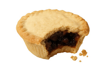 A single traditional Christmas mince pie with a bite taken out, revealing the rich, sweet fruit mincemeat filling and crumbly shortcrust pastry with delicious crumbs