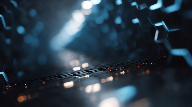 Futuristic digital tunnel with glowing hexagonal patterns and scattered light particles, creating a high-tech, sci-fi atmosphere with deep blue and orange hues