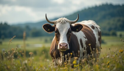 Brown and White Cow in a Sunny Flower Meadow