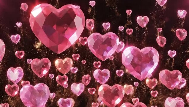 Pink heart-shaped gems rise and fall against a dark background, creating a romantic and sparkling display.