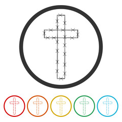 Christian cross Barbed wire icon. Set icons in color circle buttons