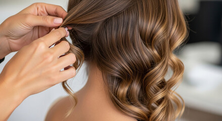 Obraz premium Elegant bridal hair styling creating soft romantic waves for wedding day beauty, a perfect touch for unforgettable moments and timeless grace