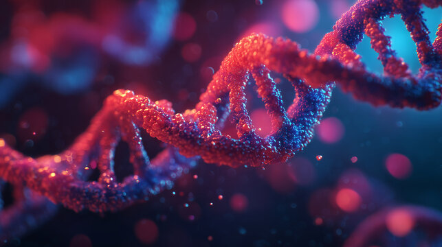 high-detail dna double helix structure in glowing red and blue colors with molecular particles floating in dark scientific background for biotech research genetics banners and medical innovation conce