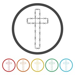 Christian cross Barbed wire icon. Set icons in color circle buttons