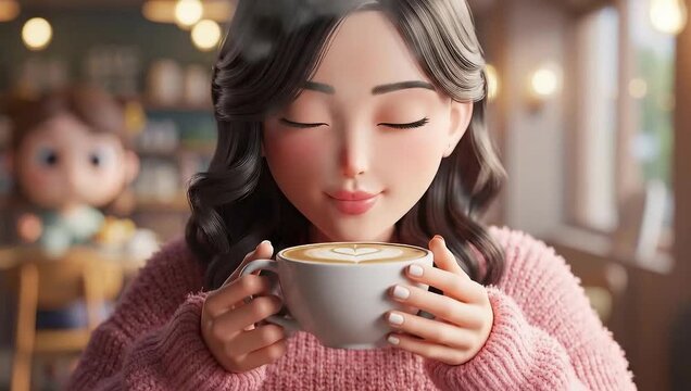 A young woman enjoying a hot drink in a cozy cafe.
