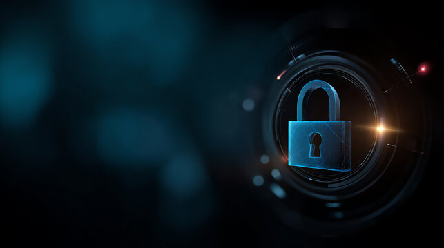 A glowing blue digital padlock symbolizing cybersecurity and data protection, set against a dark, futuristic background with light flares and circular tech elements