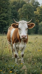 Brown and White Cow in a Sunny Flower Meadow