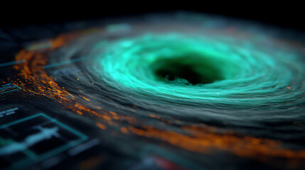 A futuristic digital visualization of a black hole with swirling bright turquoise and orange particles, overlaid with schematic technical data and glowing interface elements