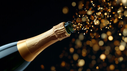 champagne bottle popping with golden confetti explosion on dark festive bokeh background, ideal for new year celebration banners, holiday party invitations, luxury event promotions, festive advertisin