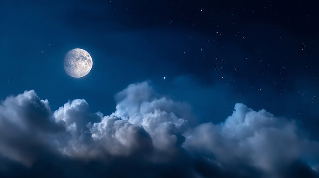 Full moon shining brightly above fluffy clouds with a starry night sky, creating a serene and peaceful nighttime atmosphere