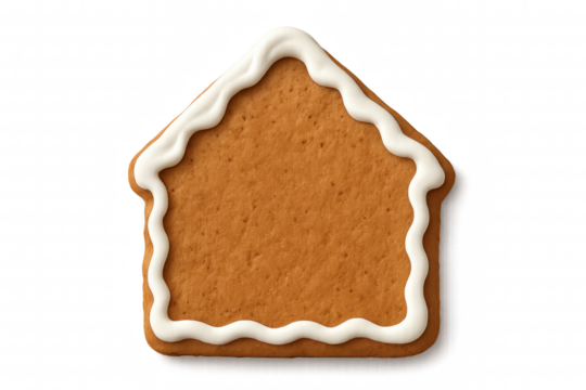 A plain gingerbread house cookie decorated with white royal icing, a traditional festive treat for Christmas baking, seen from a top-down perspective in a minimalist style