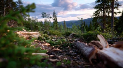 Tranquil Forest Landscape at Sunset with Fallen Logs and Lush Greenery in Background