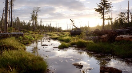 Serene Landscape of Lush Greenery and Reflections in a Calm Stream During Sunset in a Natural Forest Setting