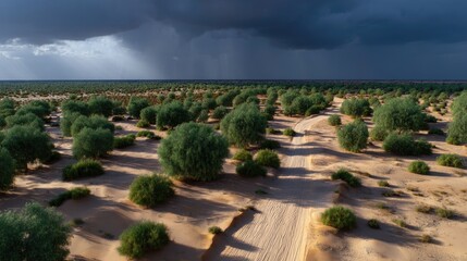 Lush Oasis Surrounded by Vast Desert Landscape with Stormy Skies Above