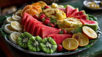 Colorful Fruit Platter Featuring Watermelon, Pineapple, Kiwi, Strawberries, Citrus, and Mint Garnish on Elegant Silver Tray