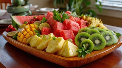 Vibrant and Fresh Fruit Platter with Watermelon, Pineapple, Mango, Kiwi, and Berries in Natural Light Setting