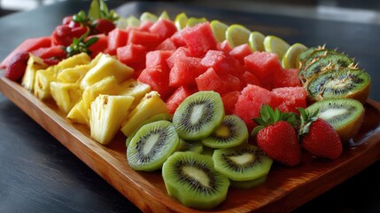 Vibrant and Colorful Fruit Platter with Watermelon, Pineapple, Kiwi, and Strawberries on Wooden Tray