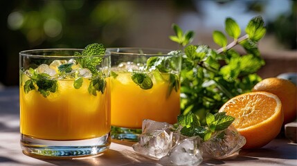 Refreshing Orange Cocktail with Mint and Ice Garnish Captured in Bright Natural Light for Summer Vibes