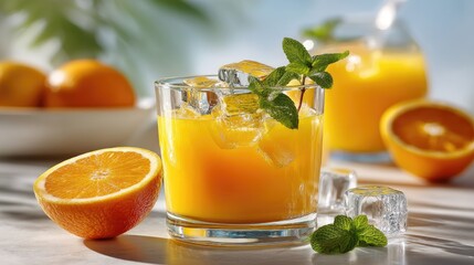Refreshing Citrus Beverage with Ice and Fresh Mint Garnish in Bright Environment