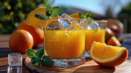 Refreshing Orange Drink with Ice Cubes and Fresh Mint Leaves on a Wooden Surface