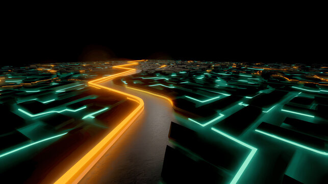 A futuristic digital maze with glowing neon pathways in orange and teal, creating a high-tech, cybernetic atmosphere extending into the horizon