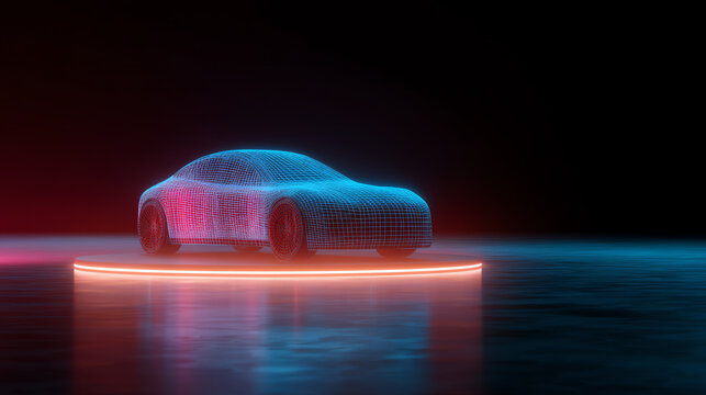 Futuristic neon wireframe car model glowing in blue and pink on a circular platform, set against a dark background with reflective water-like surface