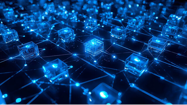 Abstract network of glowing blue cubes connected by light
