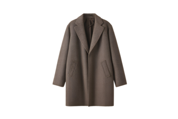 Elegant taupe wool blend coat with wide lapels isolated on transparent background