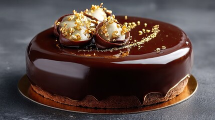 Decadent Chocolate Cake with Glossy Ganache and Elegant Decorations for Celebratory Occasions or Events