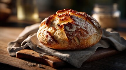 Freshly Baked Artisan Bread on Wooden Cutting Board with Rustic Cloth and Natural Lighting
