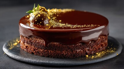 Elegant Chocolate Cake with Glossy Ganache and Decorative Toppings on Slate Plate for Food Photography and Culinary Delight