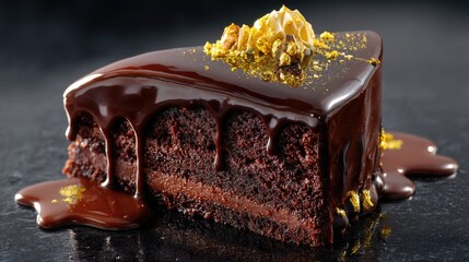 Decadent Chocolate Cake Slices with Glossy Ganache and Toppings on Dark Surface