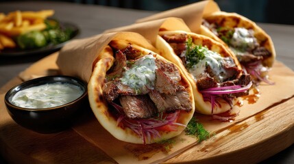 Delicious and Flavorful Beef Gyros with Fresh Ingredients and Tzatziki Sauce on a Wooden Board