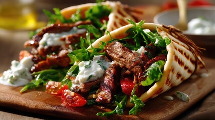 Delicious grilled meat wrap with fresh vegetables and yogurt sauce on a wooden platter