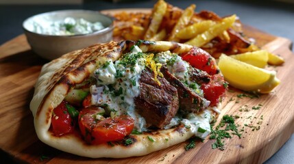 Freshly Made Gyro with Tender Meat, Fresh Vegetables, Lemon Wedges, and Crispy Fries on Rustic Wooden Board