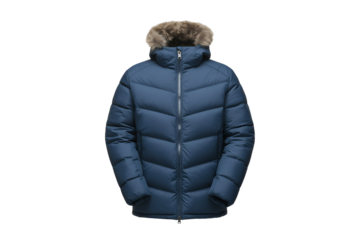 Blue puffer jacket with fur hood isolated on transparent background