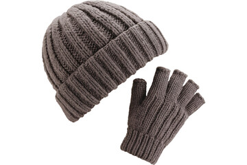 Knitted winter hat and fingerless gloves isolated on transparent background
