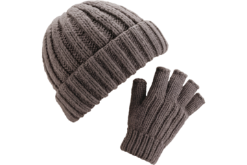 Knitted winter hat and fingerless gloves isolated on transparent background