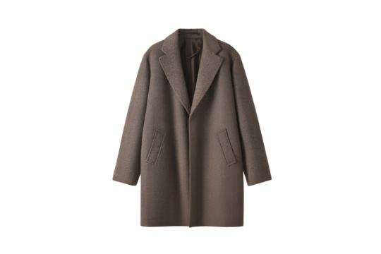 Elegant taupe wool blend coat with wide lapels isolated on transparent background