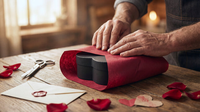 Man's hands wrapping a heart-shaped box in red paper, preparing a romantic valentine's day gift on a rustic wooden table with rose petals and an envelope with a wax seal