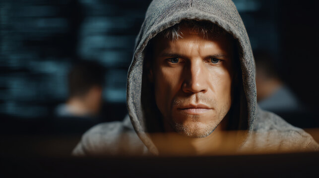 Man in a gray hoodie intensely focused on a computer screen in a dimly lit environment, suggesting concentration, coding, or hacking activity