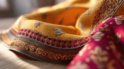 Elegant close-up of intricate fabric with rich colors and beautiful embroidery design showcasing traditional craftsmanship