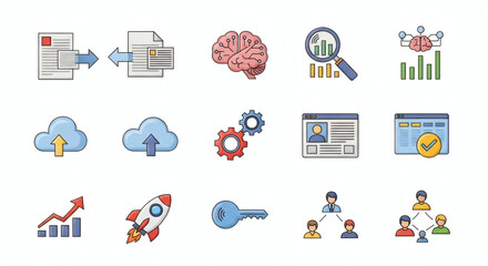Comprehensive set of modern business and technology icons representing data management, artificial intelligence, growth, cloud computing, and organizational processes.