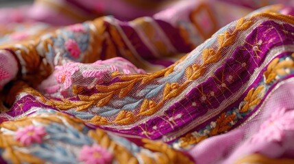 Exquisite Handcrafted Textile with Vibrant Colors and Intricate Embroidery Patterns