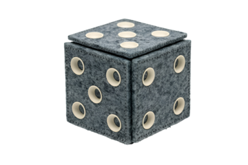 A textured gray cube with white circular pips resembling a die isolated on transparent background