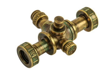 Antique brass gas valve with intricate details isolated on transparent background