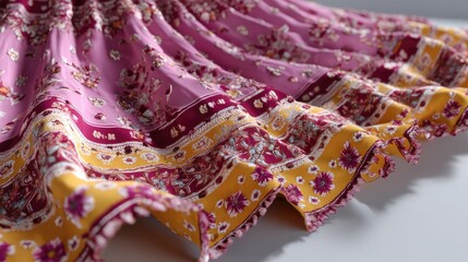 Colorful Floral Fabric Draped Elegantly with Vibrant Patterns in Pink, Yellow, and Burgundy Tones for Textile Design