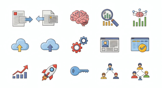Comprehensive set of modern business and technology icons representing data management, artificial intelligence, growth, cloud computing, and organizational processes.