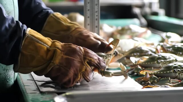 Factory worker in protective gloves sorting and measuring fresh blue crabs on a seafood processing line