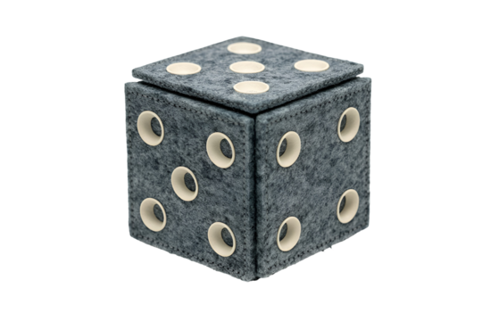 A textured gray cube with white circular pips resembling a die isolated on transparent background